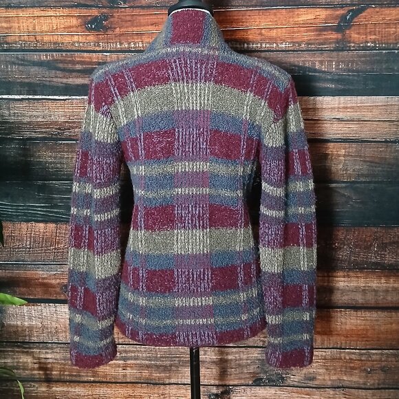 I.B. Diffusion Rare Vintage 80s Cardigan Sweater Size M Wool Plaid Open Front - Picture 3 of 9